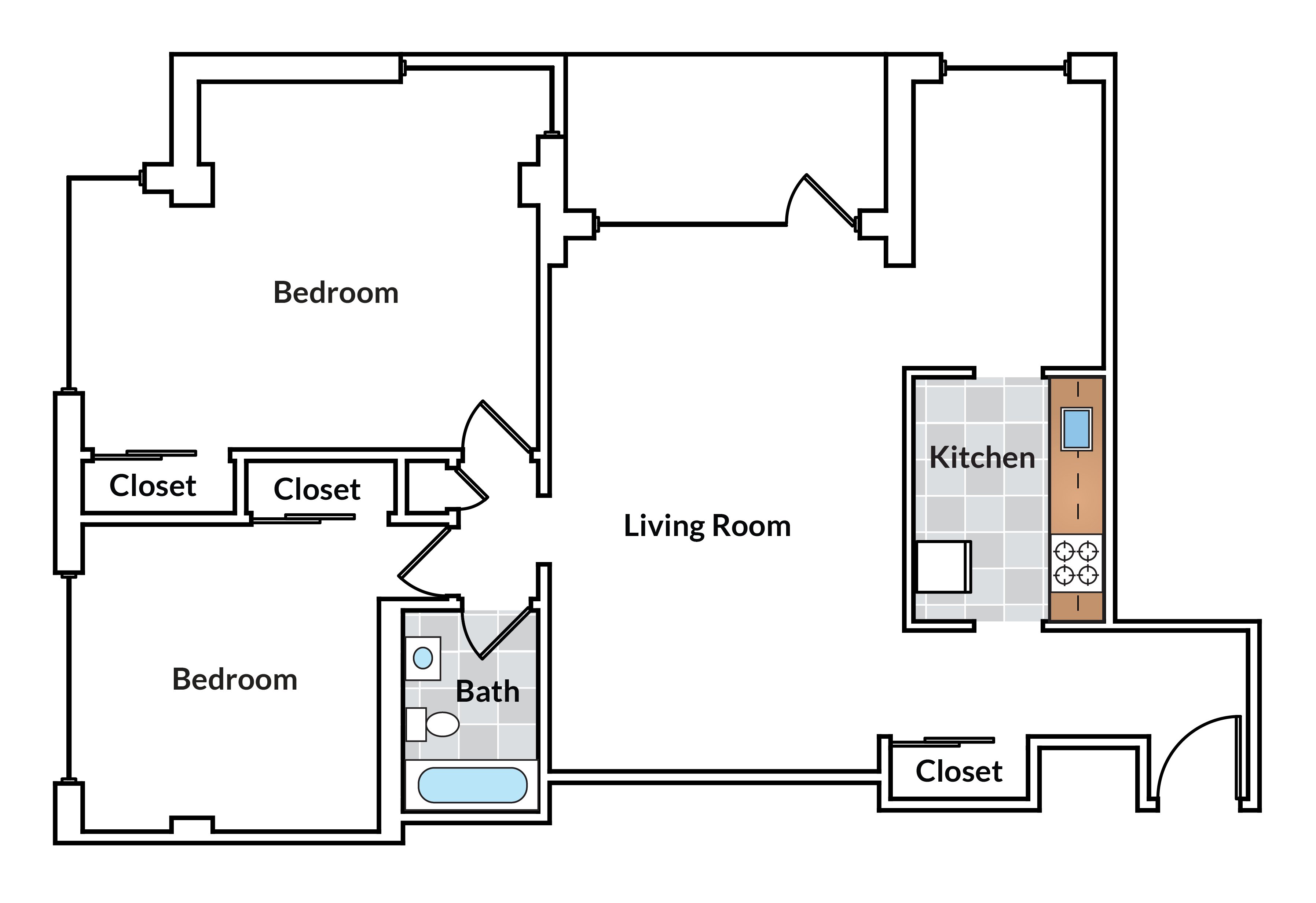 Floor plan for 2 beds, 1 bath, 993 sqft